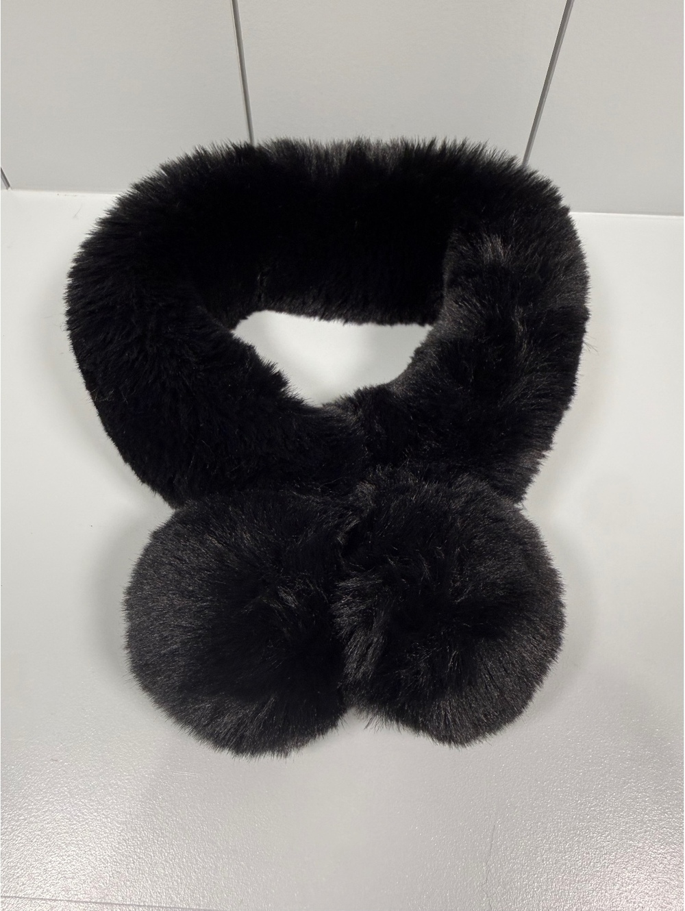 Vintage Black Fur Scarf with Pom Pom Ends